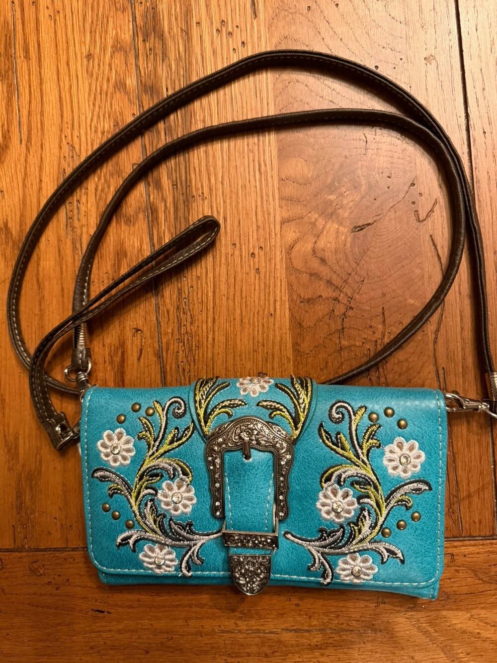 Western Design Teal Wristlet Wallet / Crossbody Combination W. Bling